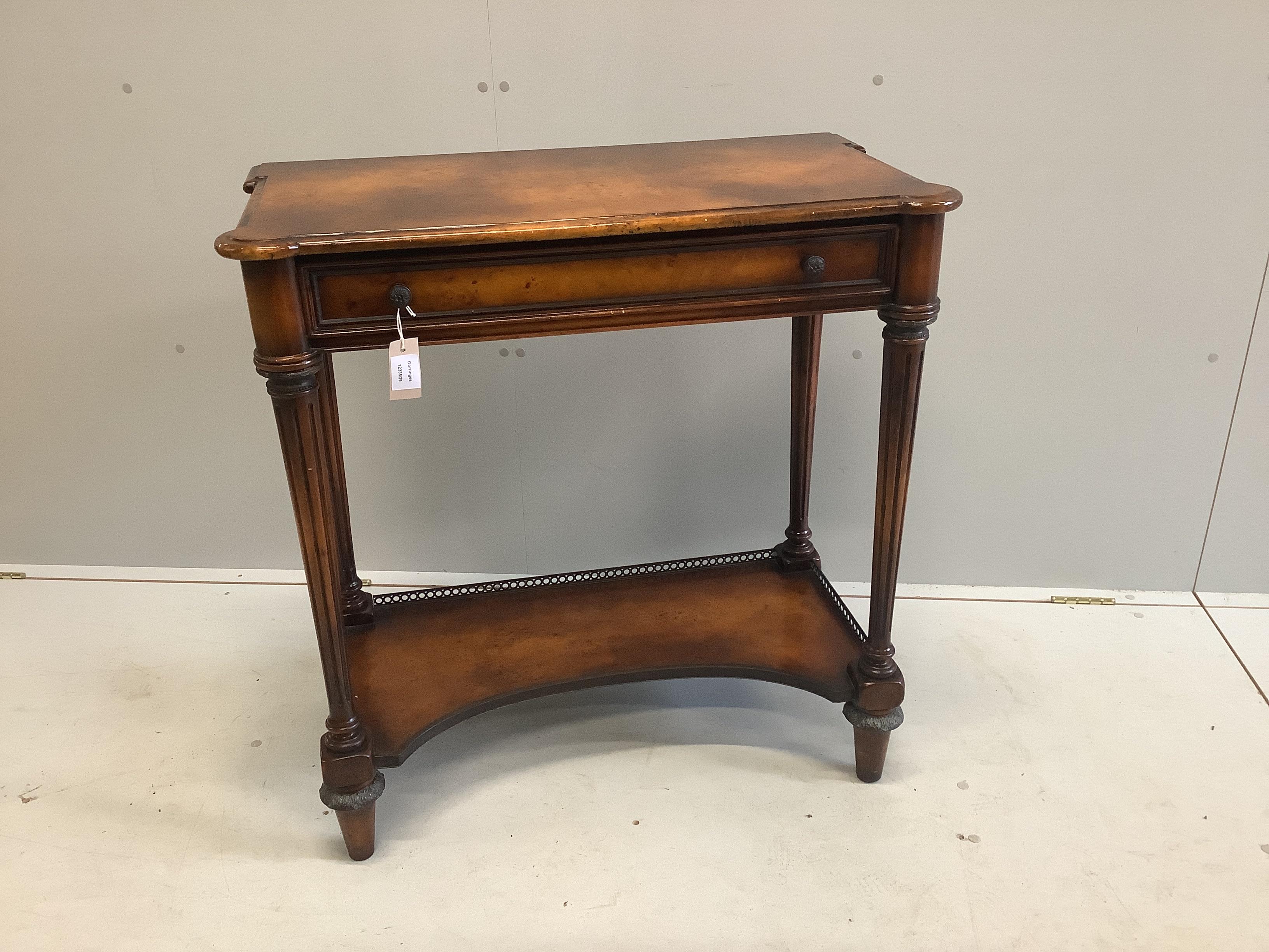 A Theodore Alexander bird's eye maple two tier side table, width 82cm, depth 43cm, height 83cm